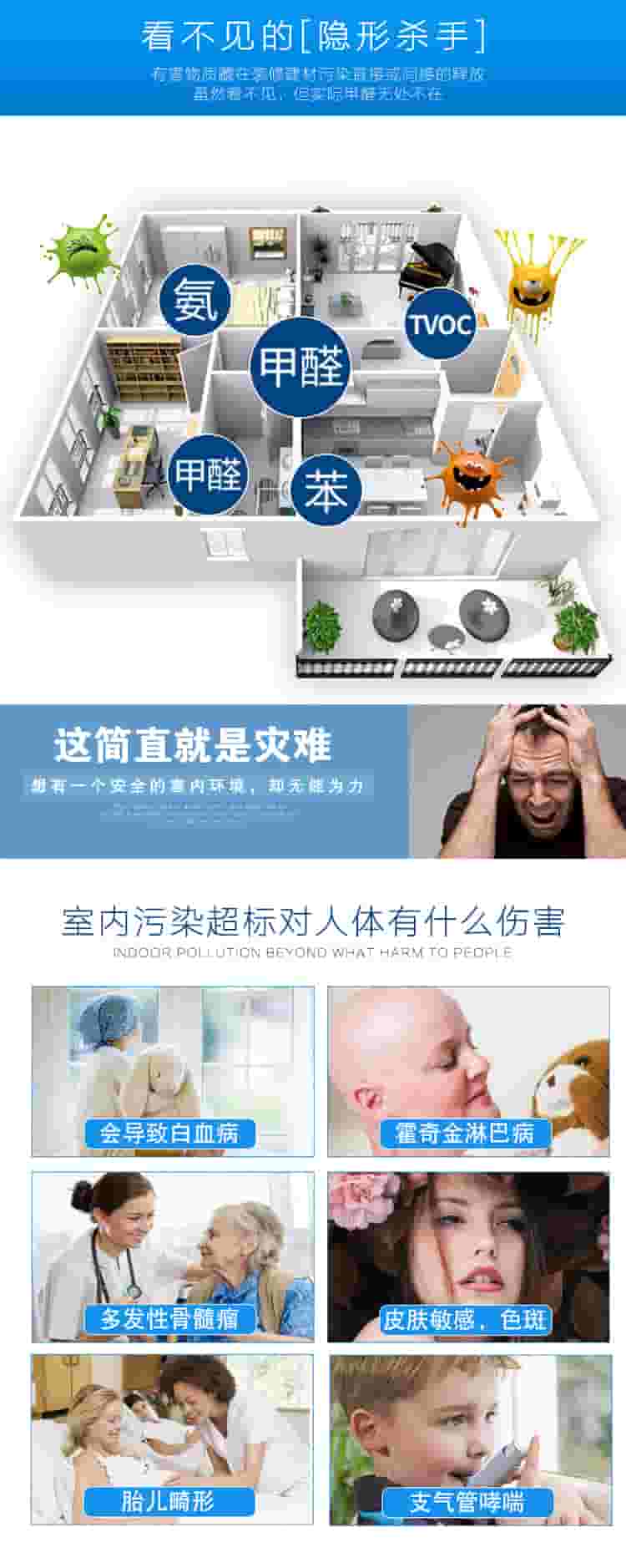 看不見(jiàn)的[隱形殺手]有害物質(zhì)在裝修建材污染直接或間接的釋放，雖然看不見(jiàn)，但實(shí)際甲醛無(wú)處不在，氨，甲醛，苯，TVOC，這簡(jiǎn)直是災(zāi)難，想有一個(gè)安全的室內(nèi)環(huán)境，卻無(wú)能為力，室內(nèi)污染超標(biāo)對(duì)人體有什么傷害，會(huì)導(dǎo)致白血病，霍奇金淋巴病，多發(fā)性骨髓瘤，皮膚敏感，色斑，胎兒畸形，支氣管哮喘