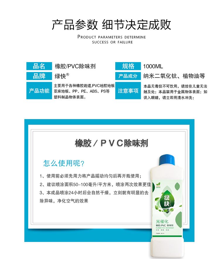 產(chǎn)品參數(shù)細(xì)節(jié)決定成敗,橡膠PVC除味劑,1000ML,綠快,納米二氧化鈦,植物油等,主要用于各種橡膠跑道,PVC地膠地板,亞麻地板,PP,PE,ABS,PS等塑料制品物體表面,本品無毒但不可飲用,請放在兒童無法觸及處,本品禁用于金屬物體表面,如誤入眼睛,請立即用清水沖洗,橡膠PVC除味劑怎么使用呢？1使用前必須先用力將產(chǎn)品搖動(dòng)均勻再開瓶使用,2建議噴涂面積50-100毫升/平方米,噴涂兩次效果更佳,3本成品噴涂24小時(shí)后會(huì)自然干燥,立刻就有明顯的祛除異味,凈化空氣的效果