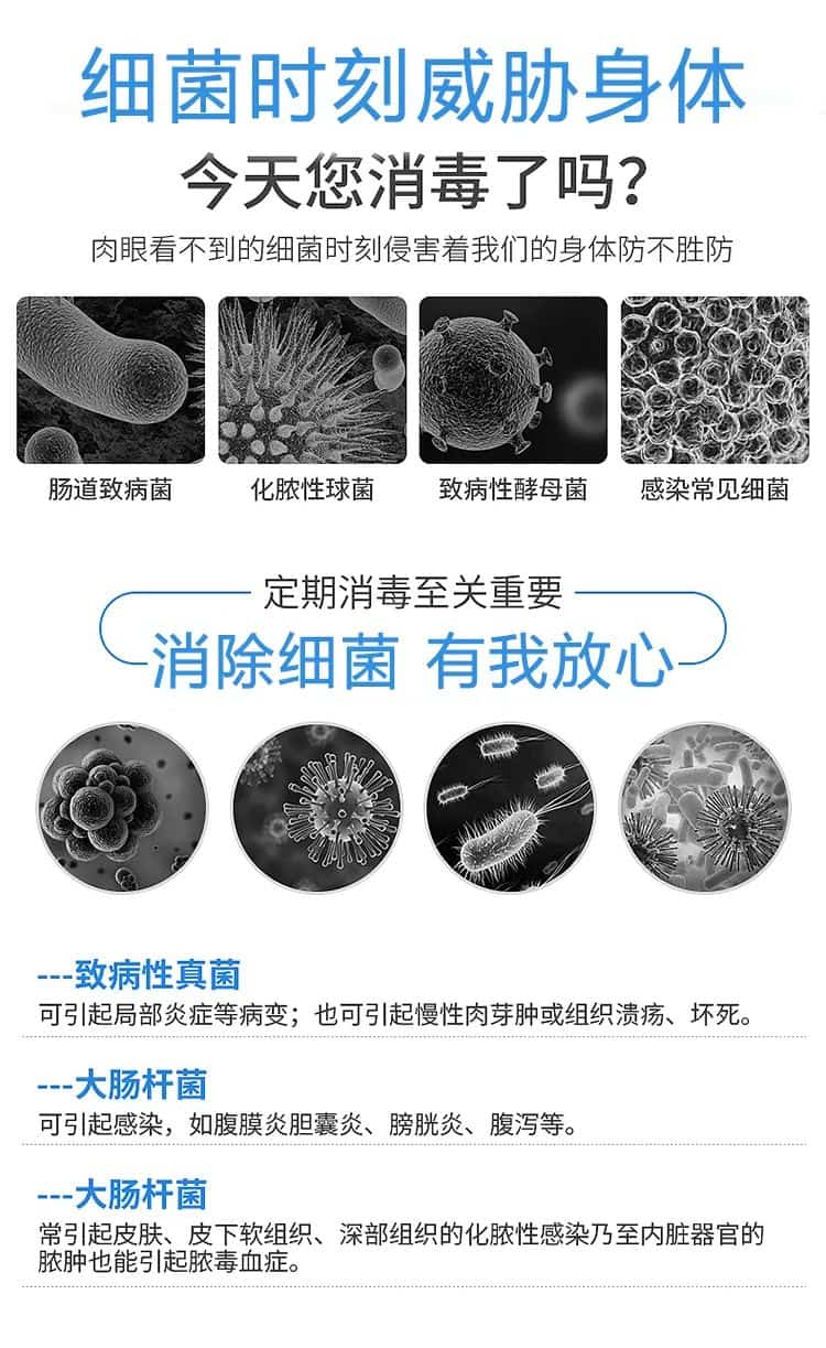 細(xì)菌時刻威脅身體,今天您消毒了嗎,肉眼看不到的細(xì)菌時刻侵害著我們的身體防不勝防,定期消毒至關(guān)重要,消除細(xì)菌 有我放心